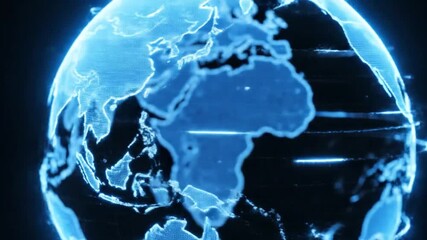 Futuristic digital globe spinning, connecting continents in blue light, representing global technology and worldwide communication networks - Powered by Adobe