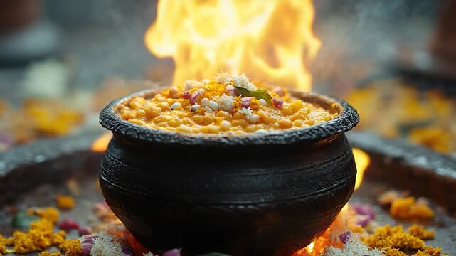 A pot of food is ablaze with flowers surrounding the scene, suggesting a chaotic and unpredictable situation