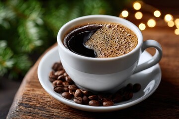 White Cup of Coffee with Coffee Beans and Christmas Lights