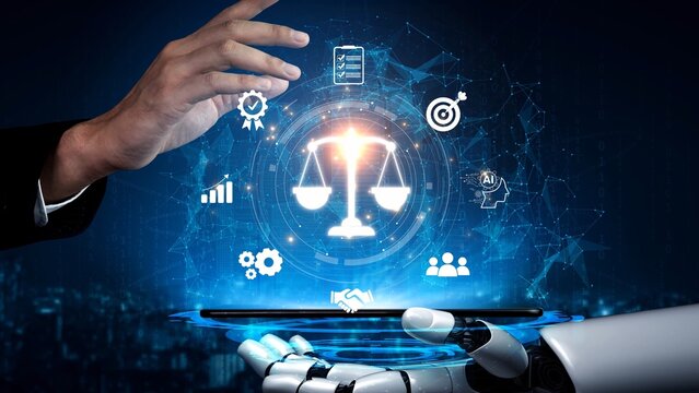 Futuristic digital law interface displaying justice scale, highlighting digital law, AI compliance, digital law systems, and digital law regulations for secure governance. Muxer