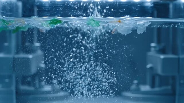 Close-up of colorful microplastic fragments tumbling and dissolving in crystal clear blue water with strong underwater current and bright overhead