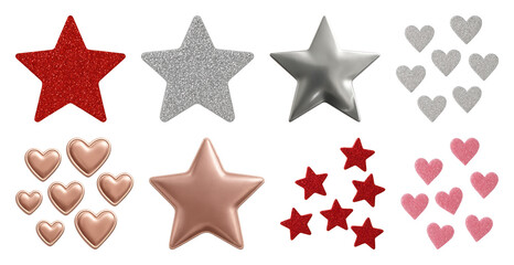 Obraz premium PNG Glittering stars and hearts, element set on transparent background