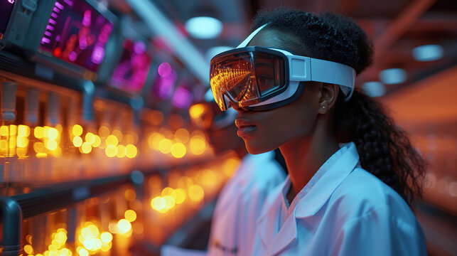 Focused young woman futuristic lab, wearing VR glasses safety goggles interacts high-tech interface modern laboratory environment.