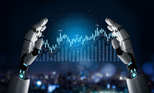 Futuristic robotic hands analyzing financial data trends with digital graphs and charts in a modern city skyline background at night time Scalp.