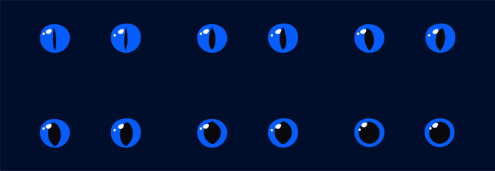 Set of Blue glowing eyes dark background fantasy magic cartoon animal reptile feline mammal monster demon dragon shiny pupil vector illustration