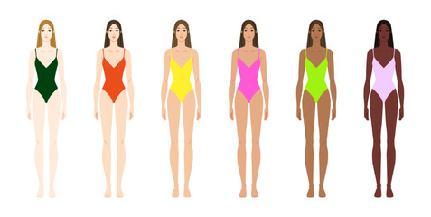 Female body girl skin color diversity shades front view vector set. Inclusive beauty human anatomy template, multicultural variation, women different skin tones art, fashion concept.