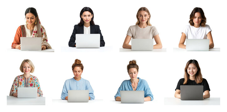 PNG Diverse women using laptops, element set on transparent background