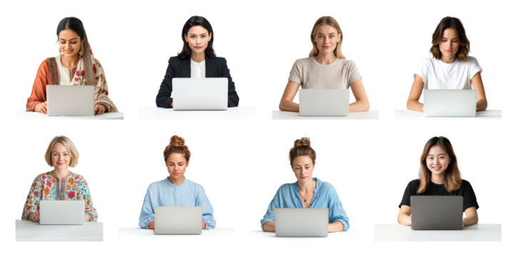 PNG Diverse women using laptops, element set on transparent background