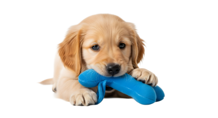 Adorable Puppy Chewing Blue Toy, Animals, White Background, Realistic PNG, Studio Photo, Isolated Concept