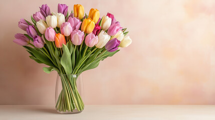 Fototapeta premium Colorful tulips in glass vase on yellow background with minimal style