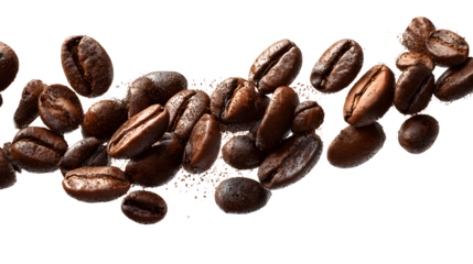 Rich, roasted coffee beans cascade dynamically, perfect for advertising, menus, and vibrant beverage branding.