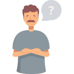 Worried Man with Folded Arms and Question Mark Thought Bubble Expressing Confusion and Uncertainty in a Studio Setting