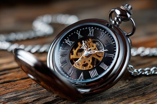 Silver Pocket Watch with Open Face on Wooden Surface