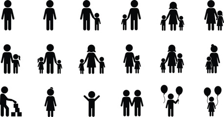 Collection of Black Stick Figure Icons Representing Family and Activities parent child