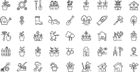 Collection of line art icons for gardening tools plants flowers houses and sun vector