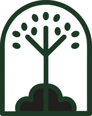 Dark green stylized tree with oval leaves inside an arch graphic icon vector