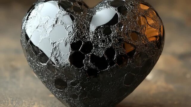 A small black heart-shaped object sitting alone on a table, perfect for use in various contexts where a symbol of love or affection is needed