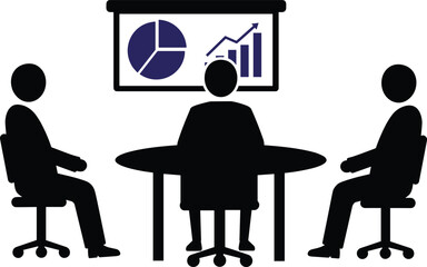 Three black silhouettes in a meeting around a table with charts on a screen business discussion