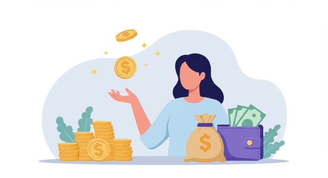 Woman managing wealth with stacks of gold coins, a money bag, and a wallet full of paper currency