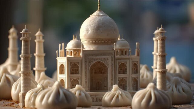 An intricate model of the Taj Mahal sits amidst uniquely shaped dumplings, creating an interesting culinary display. The Taj Mahal, admired for its beauty, and the dumplings illust