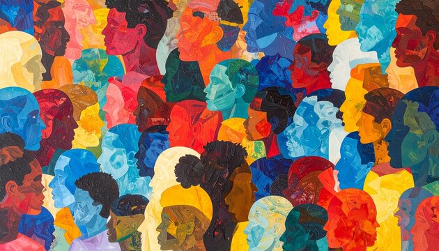 A vibrant mosaic of diverse faces in a crowd, an abstract artistic representation of human diversity, social unity, and multiculturalism