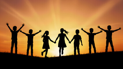 Children Playing Silhouette at Sunset, Joyful Backlit Kids on Playground, Vibrant Complementary Colors for Posters, Cards, Web Banners