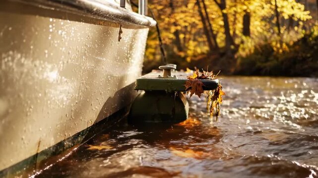 transom on a boat - A close-up view of a boat moored by a gently flowing river, surrounded by vibrant autumn foliage and shimmering water, capturing the essence of a serene nature scene