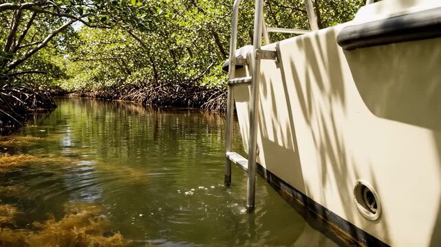 transom on a boat - A tranquil mangrove ecosystem reflects vibrant green foliage along a serene waterway, with a small boat ladder inviting exploration of the calm waters below