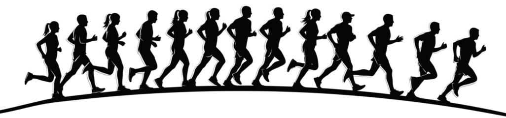 Silhouette of people running in a race or marathon, in a line.