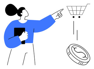Woman with tablet pointing to shopping cart symbol and coin, representing e-commerce. Ideal for online shopping, digital marketing, financial planning, retail strategy, e-commerce growth, shopping