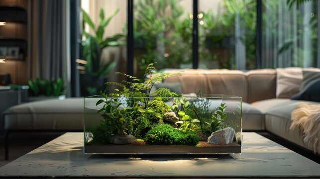 A small plant is in a glass container on a table