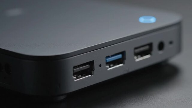 Close-up of a dark gray electronic device with various ports and a small blue power indicator
