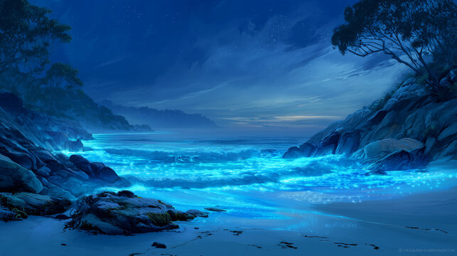 Bioluminescent Ocean Night Scene