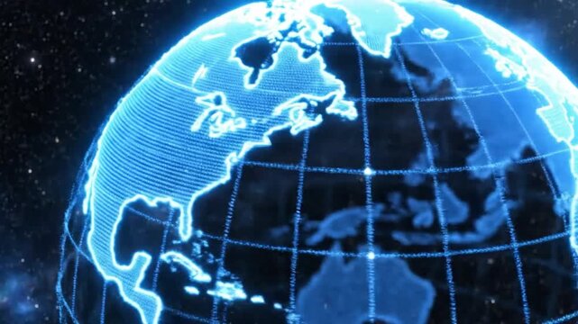 Dynamic digital Earth globe spinning in space shows global connectivity, ideal for technology, innovation, and international business concepts animation - Powered by Adobe