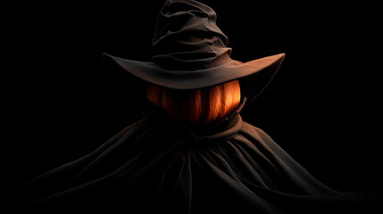 A Halloween pumpkin ghost wearing a black cloak that fills the screen, revealing a face half-hidden under a hat. 