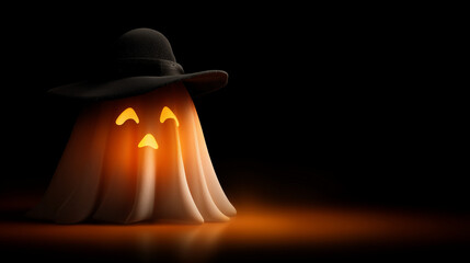 A Halloween pumpkin ghost wearing a black cloak that fills the screen, revealing a face half-hidden under a hat. 