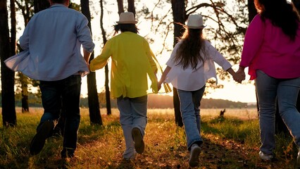 Dad mom children having picnic in forest. Fun family vacation in nature. Happy young family, parents, daughter child running through forest. Father mother daughter are enjoying playing in nature park