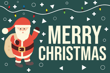 Flat vector illustration of Santa Claus waving hand with "Merry Christmas" text on festive background decorated with colorful lights and geometric shapes.Perfect for greeting cards