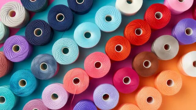 Colorful spools of thread arranged neatly on a vibrant background showcasing a spectrum of hues for crafting projects
