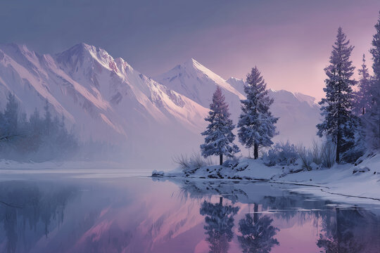 Winter Mountain Landscape at Sunset
