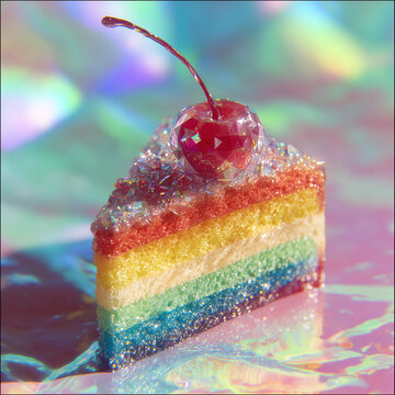 Rainbow cake slice decorated with crystal gems and cherry on iridescent background