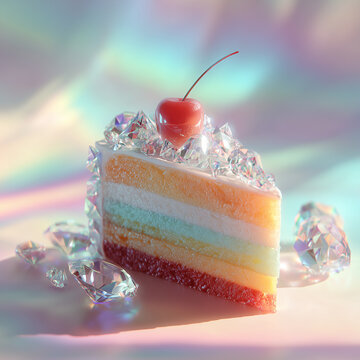 Rainbow cake slice decorated with crystal gems and cherry on iridescent background