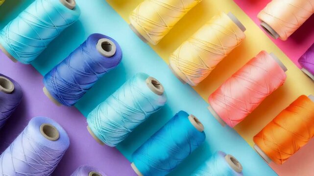 Colorful spools of thread arranged on a vibrant background showcasing sewing supplies and creative crafting options