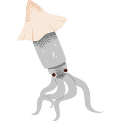 Cute Cartoon Squid Illustration with a Pinkish Cap and Gray Body Floating Underwater with a Happy Expression and Tentacles Dangling