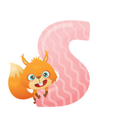 Cute cartoon squirrel clinging to a large pink letter S with a wavy pattern and a transparent background a playful and whimsical educational illustration for children's learning