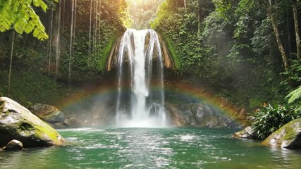 A stunning waterfall that flows into a serene natural pool, forming a rainbow in a lush natural setting - Powered by Adobe