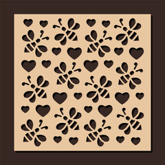 Laser cut square decorative panel with bee and hearts pattern. Vector design for home interior decor, partition, privacy screen, wall art, room dividers. Template for cnc, plasma and plotter cutting