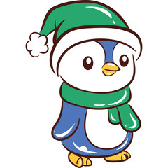Cute Cartoon Penguin Wearing Green Santa Hat and Scarf Isolated on White Background