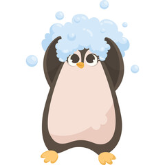 Cute Cartoon Penguin Character With Soapy Bubbles On Head In A Transparent Background