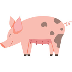 Cute cartoon pink pig with dark spots smiling happily on a transparent background and white teats visible a farm animal illustration with a playful expression and curly tail